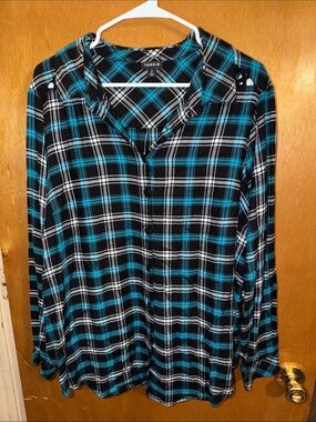 torrid Black Teal Plaid Button-Front Blouse with Cut Out Accents
